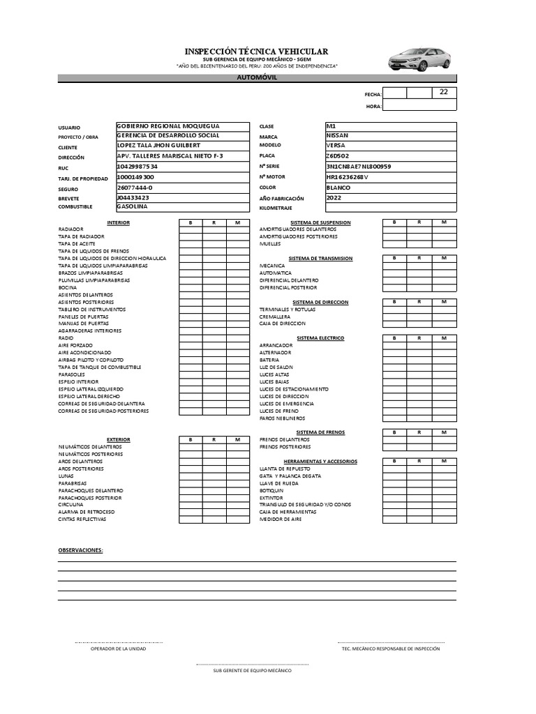 Formato de Inspección Vehicular 2025 | PDF | Coche | Bienes manufacturados