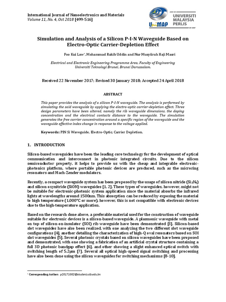 Simulation and Analysis of A Silicon P-I-N Waveguide Based On Electro ...