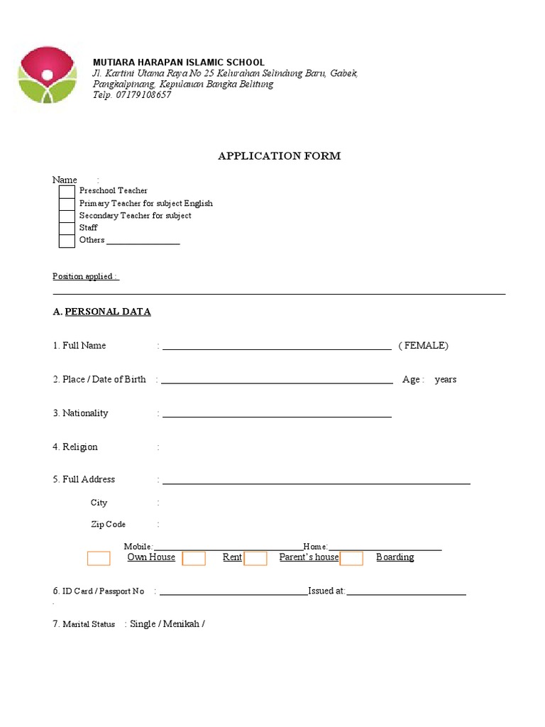 Application Form Name Position MHISBangka PDF