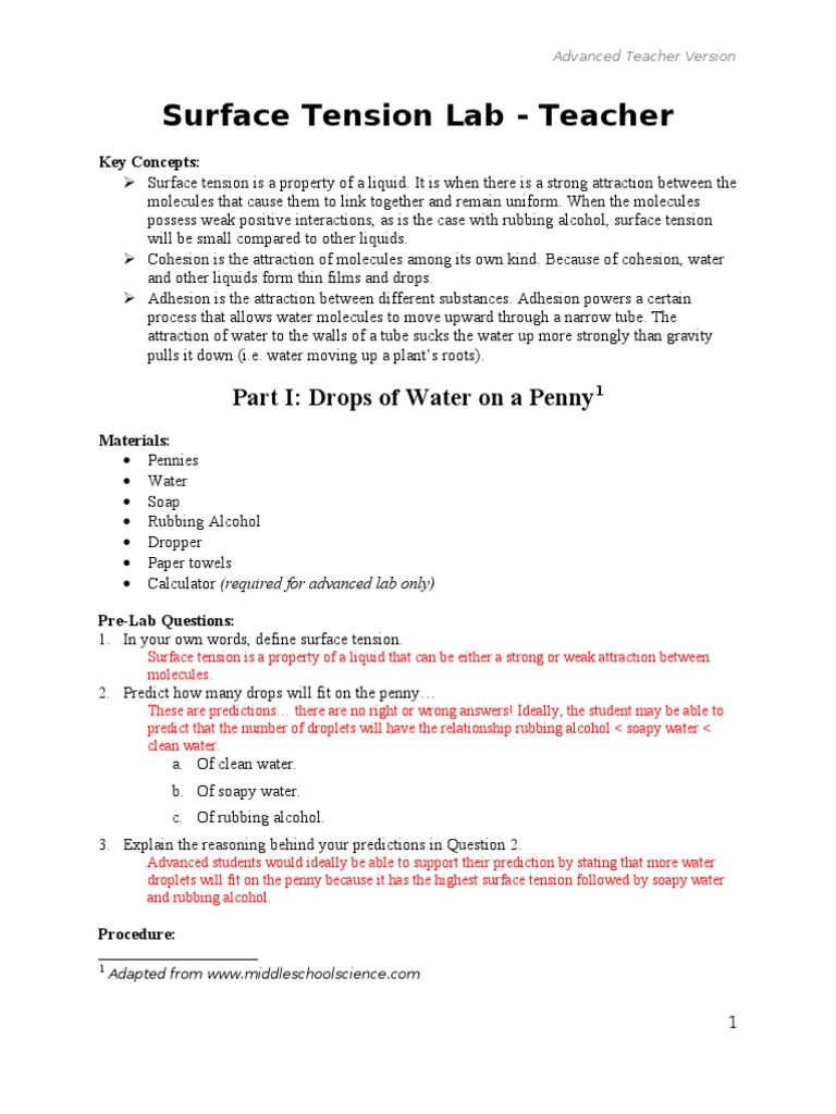 Surface Tension Lab Teacher Version Surface Tension Properties Of