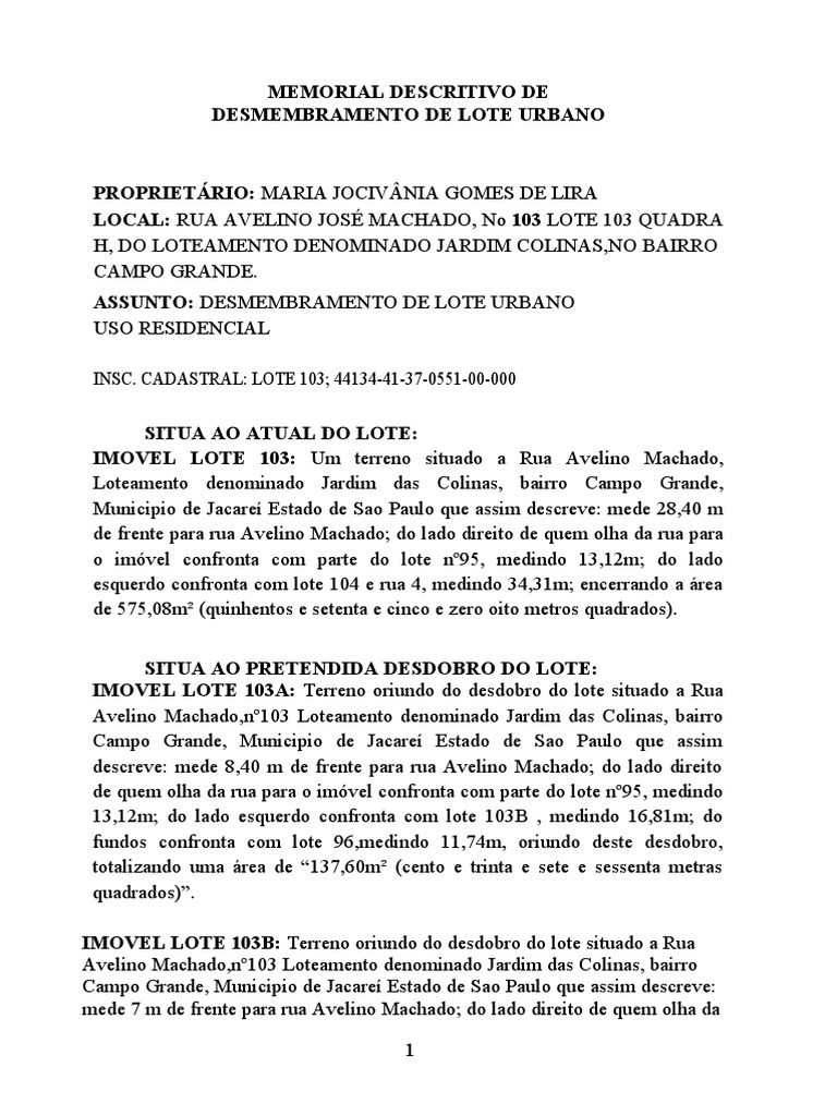 Memorial Descritivo de Desmembramento Urbano | PDF | Direito