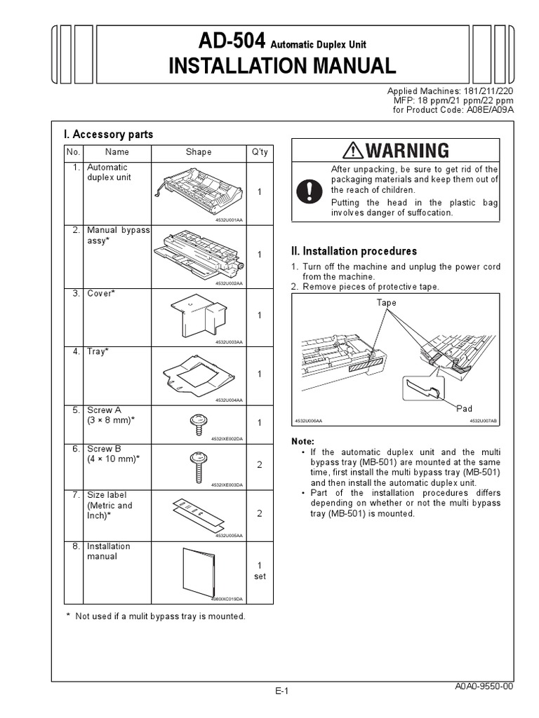 Installation Manual AD-504: I. Accessory Parts | PDF | Screw | Equipment