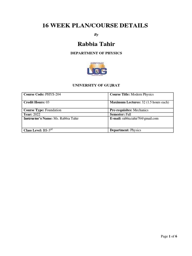 Modern Physics Course Plan | PDF | Atoms | Electron