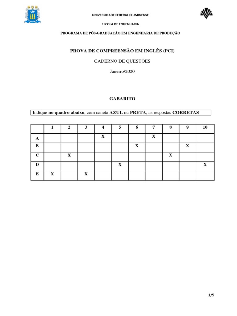 Gabarito da Prova de Compreensão em Inglês | PDF