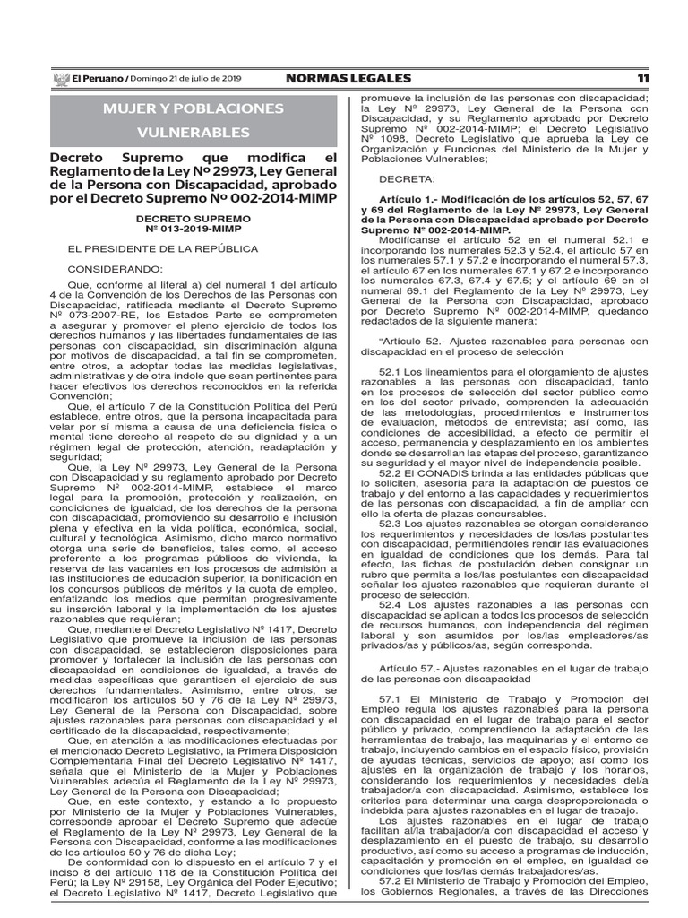 Decreto Supremo 013-2019-Mimp - Modifica El Reglamento de La Ley 29973 ...