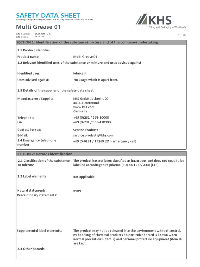 SiDa Schmierfett01 KHS Multi Grease 01 EN | PDF | Dangerous Goods ...