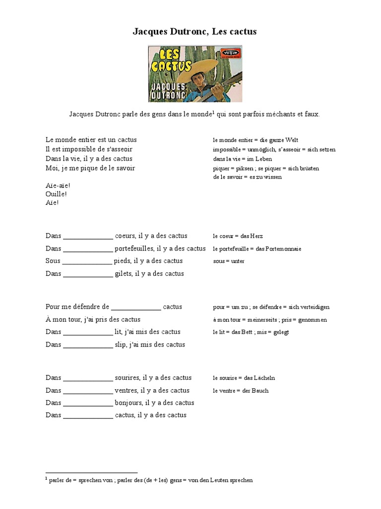 Paroles de "Les Cactus" de Dutronc | PDF