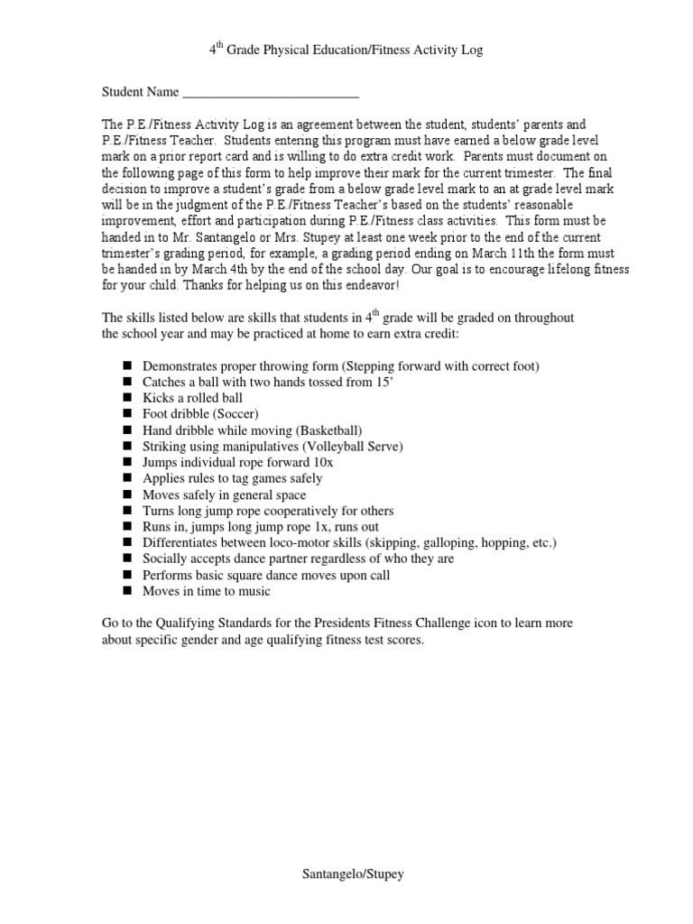 4th Grade PE Fitness Activity Log | PDF | Physical Education | Sports
