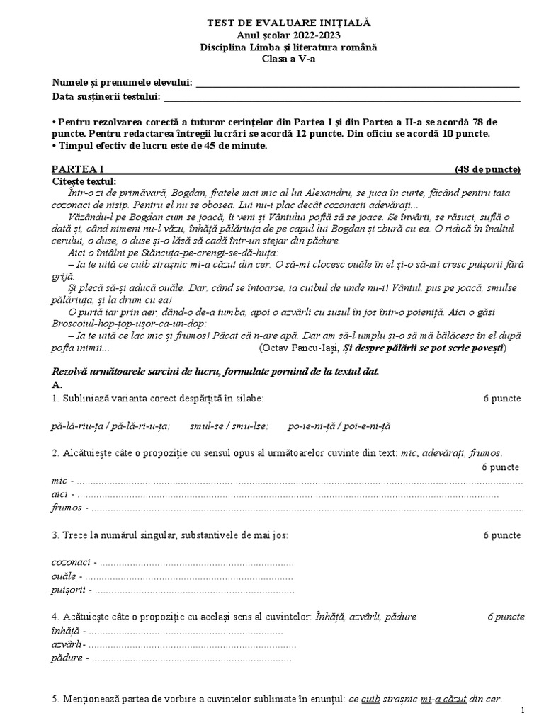 Test Initial Cl. 5 Romana | PDF