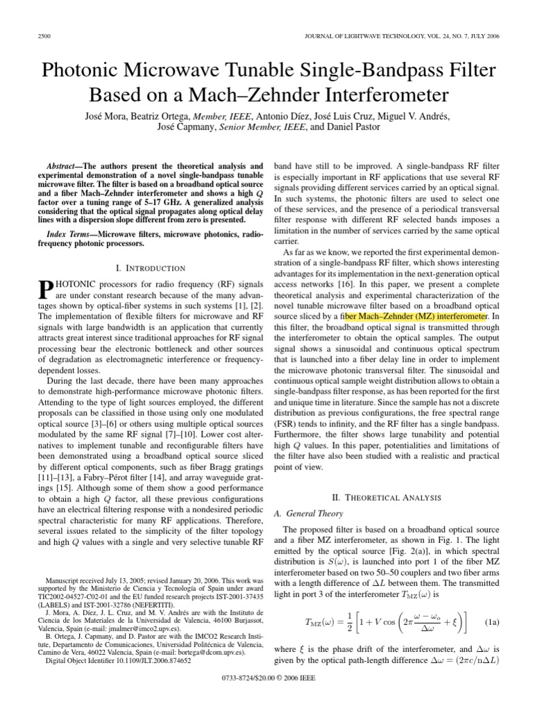 Photonic Microwave Tunable Single-Bandpass Filter Based On A Mach ...