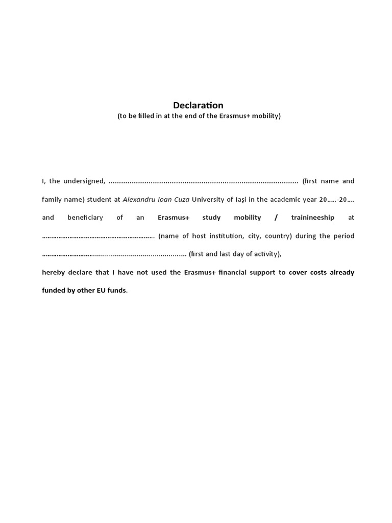 Erasmus+ Mobility Declaration Form | PDF