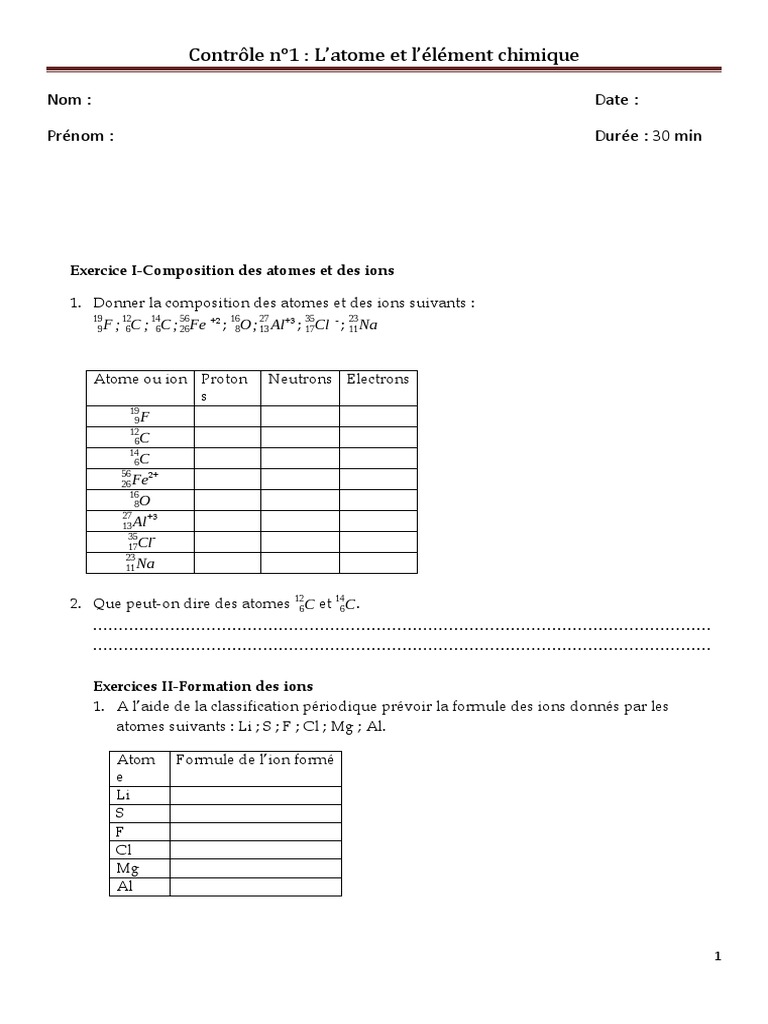 Exercices sur atomes et ions 3ème | PDF | Ion | Atomes