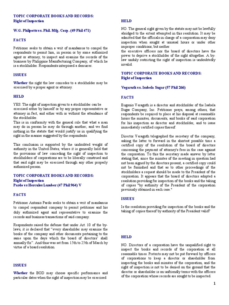 Corpo Digest Chapter XI CORPORATE BOOKS AND RECORDS 1 PDF Board