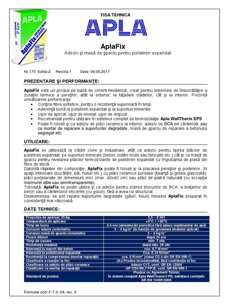 FT AplaFix Adeziv Si Masa de Spaclu Pentru Polistiren Expandat 1 | PDF