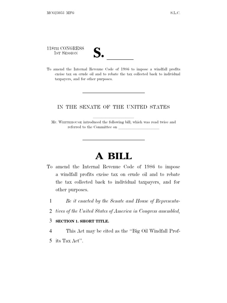 Big Oil Windfall Profits Tax Act Bill Text PDF Cost Of Living Taxes