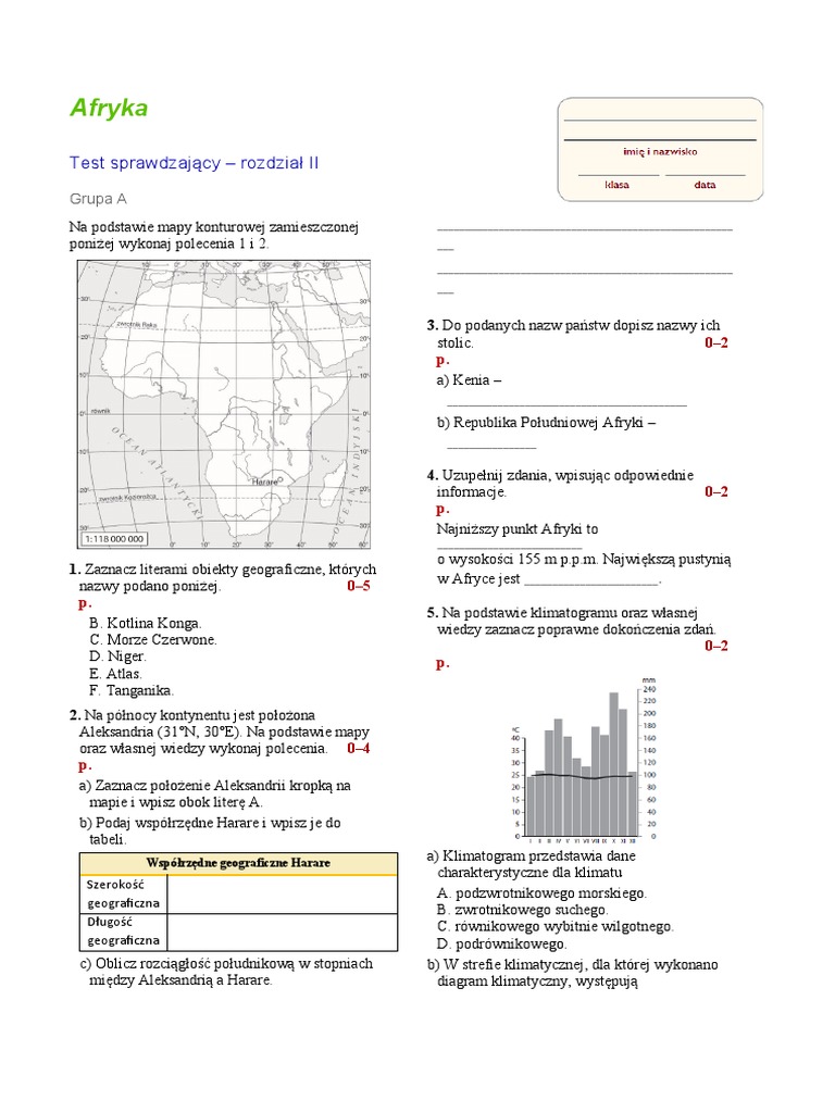Geografia Afryka Klasa 8 Test Test Sprawdzajacy Z Rozdzialu II Afryka | PDF