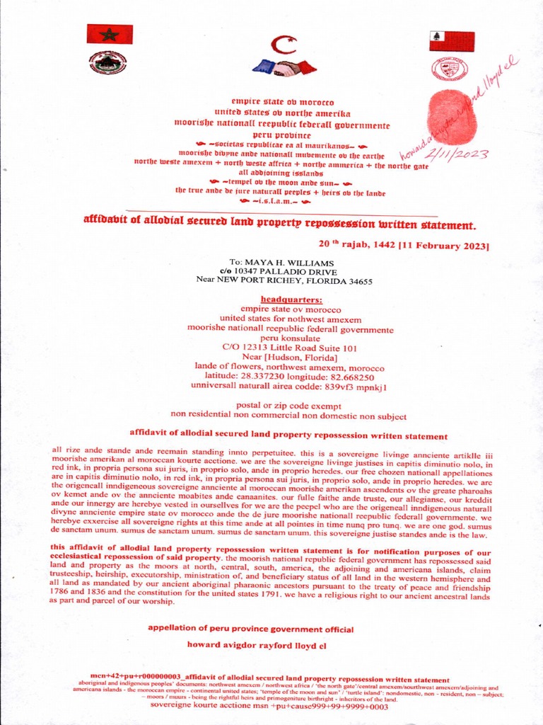 Affidavit of Clear Perfect Allodial Land Title and Affidavit of