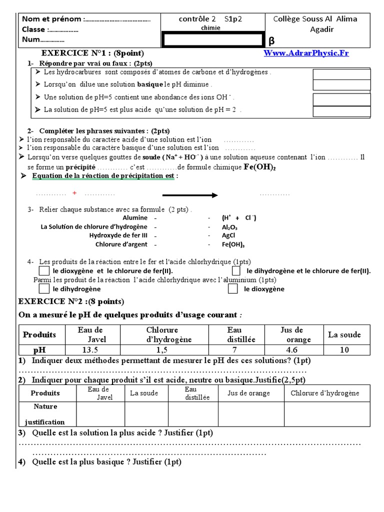 Contrôle de chimie : pH et réactions chimiques | PDF | Hydroxyde | Ph
