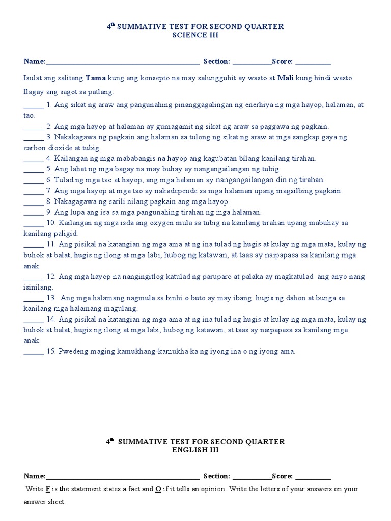 4th SUMMATIVE TEST FOR SECOND QUARTER | PDF
