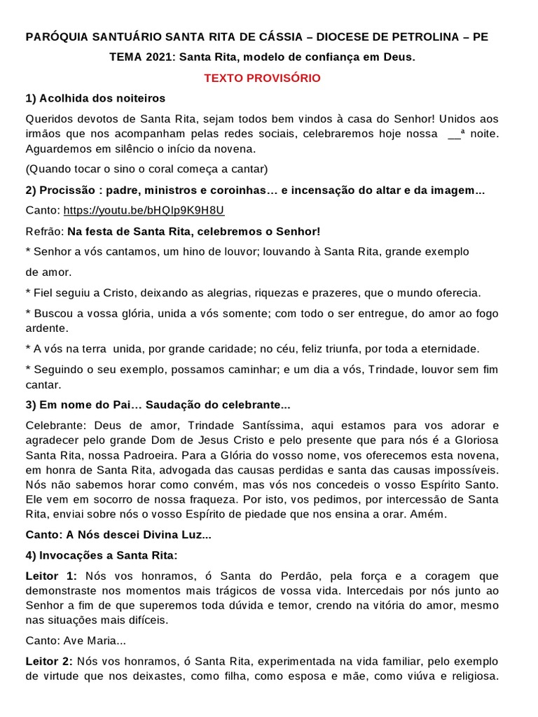 Programação da Novena em Honra de Santa Rita de Cássia na Paróquia ...