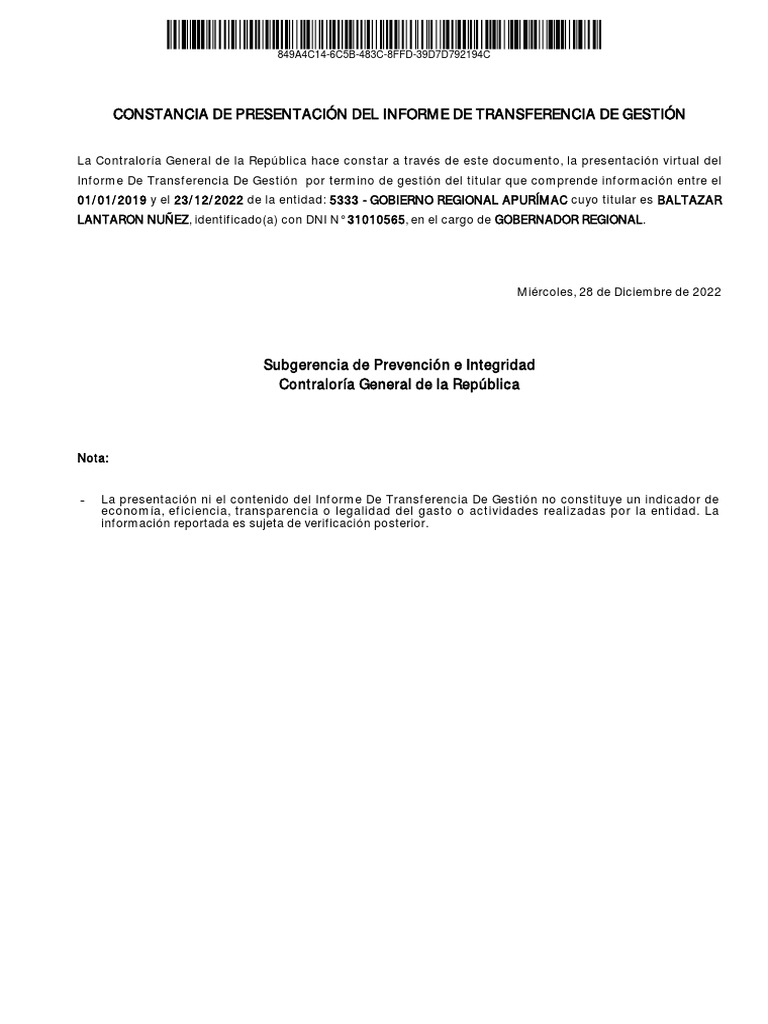 Informe de Transferencia de Gestion y Constancia Gore Apurimac | PDF ...