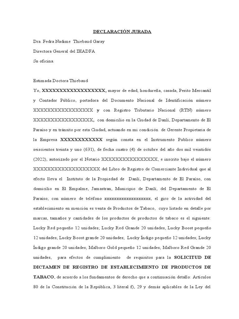 Declaración Jurada para IHADFA Honduras | PDF | Bebidas alcohólicas