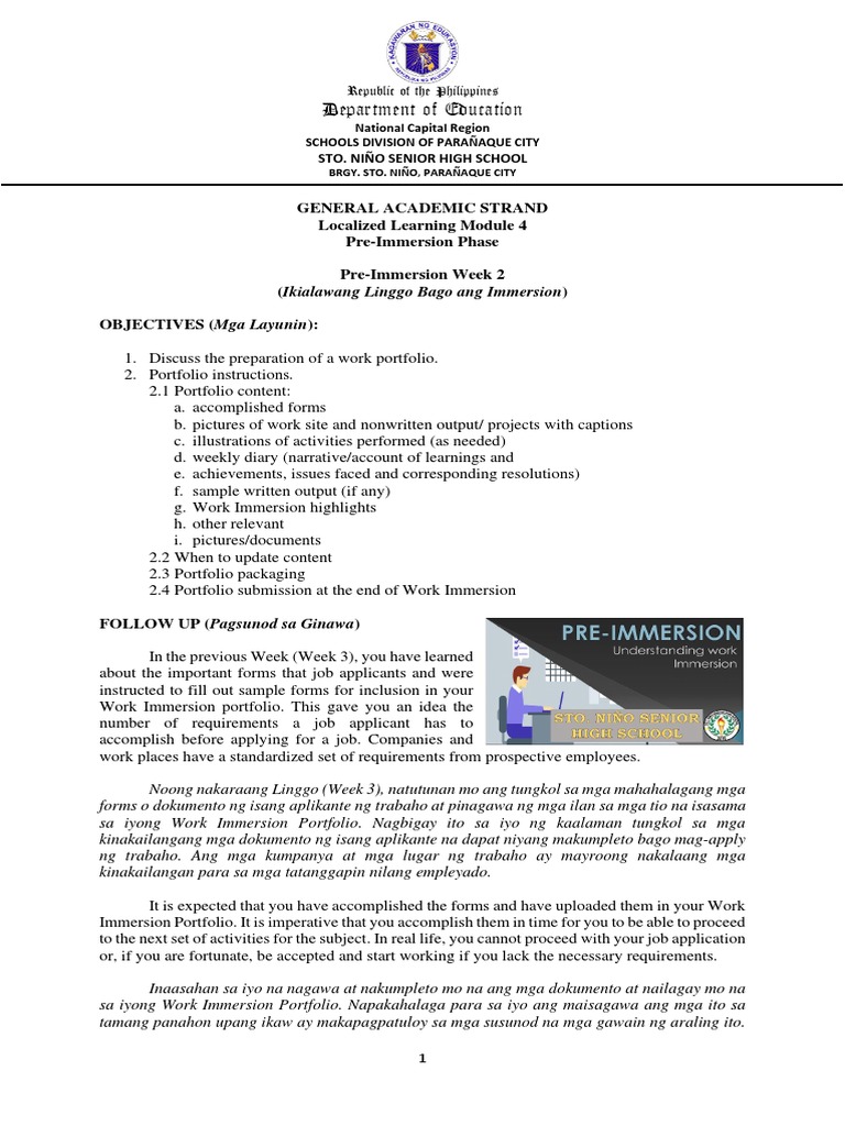 Work Immersion Portfolio Guidelines | PDF