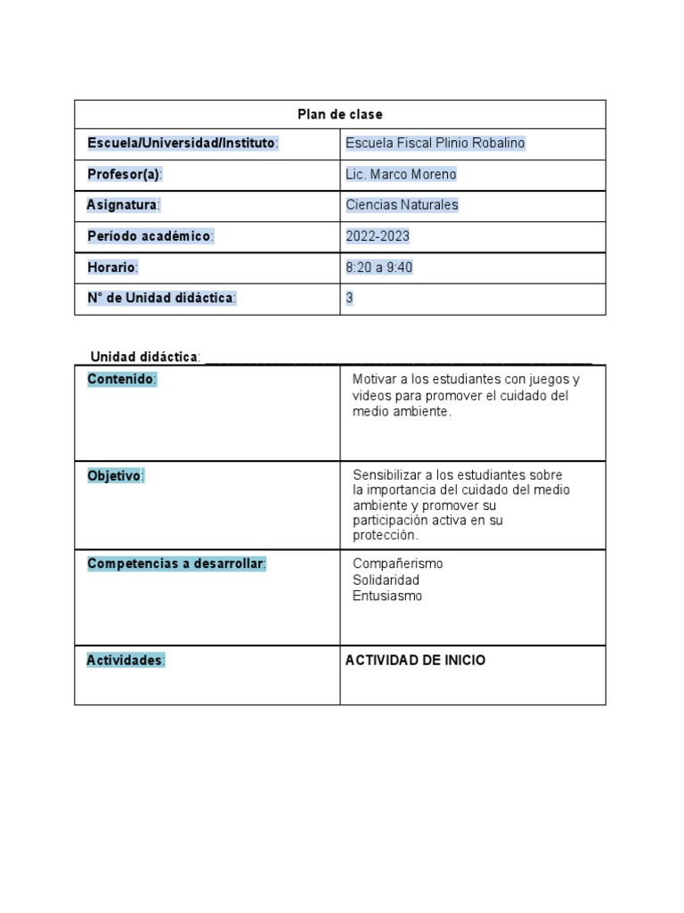 Formato de Plan de Clase | PDF | Evaluación | Entorno natural