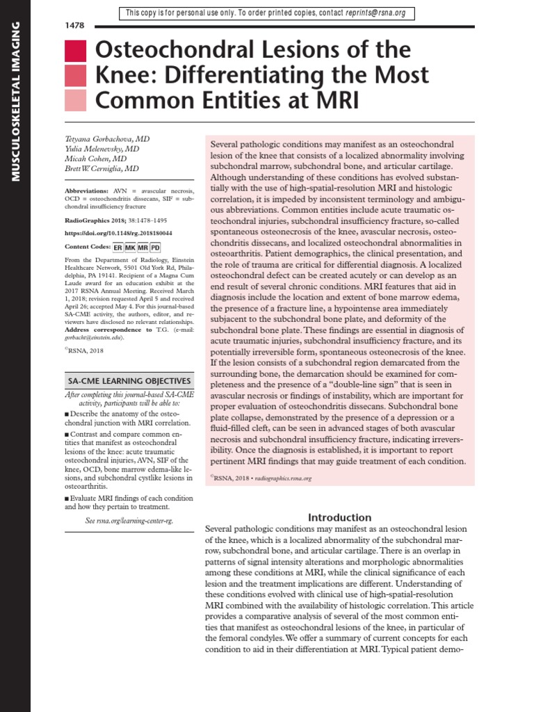 Osteochondral Lesions of The Knee Differentiating The Most Common ...