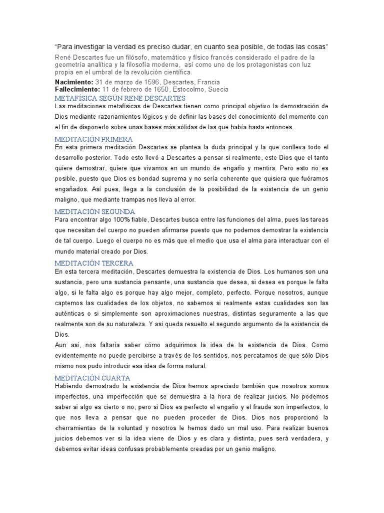 Dudar para encontrar la verdad según Descartes | PDF | René Descartes ...
