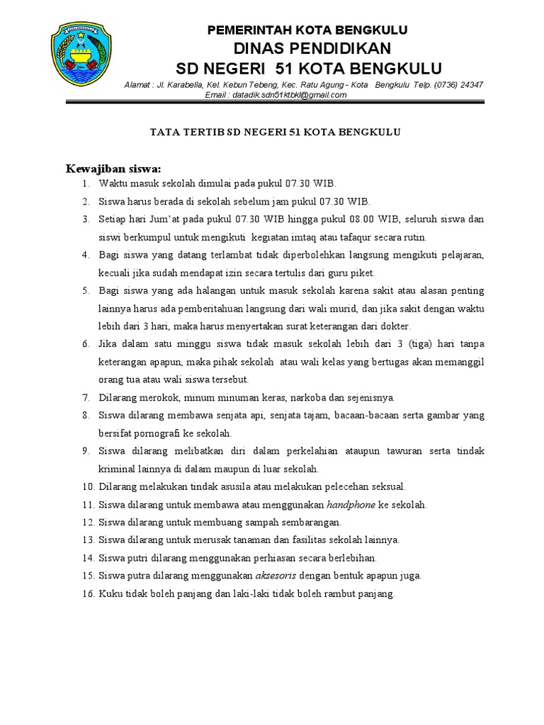 Tata Tertib dan Aturan Sekolah SD 51 | PDF