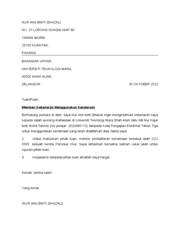 Surat Kebenaran Menggunakan Kenderaan | PDF