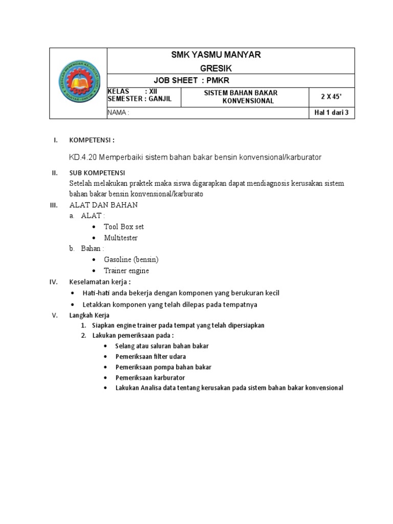 Job Sheet Sistem Bahan Bakar Konvensional | PDF