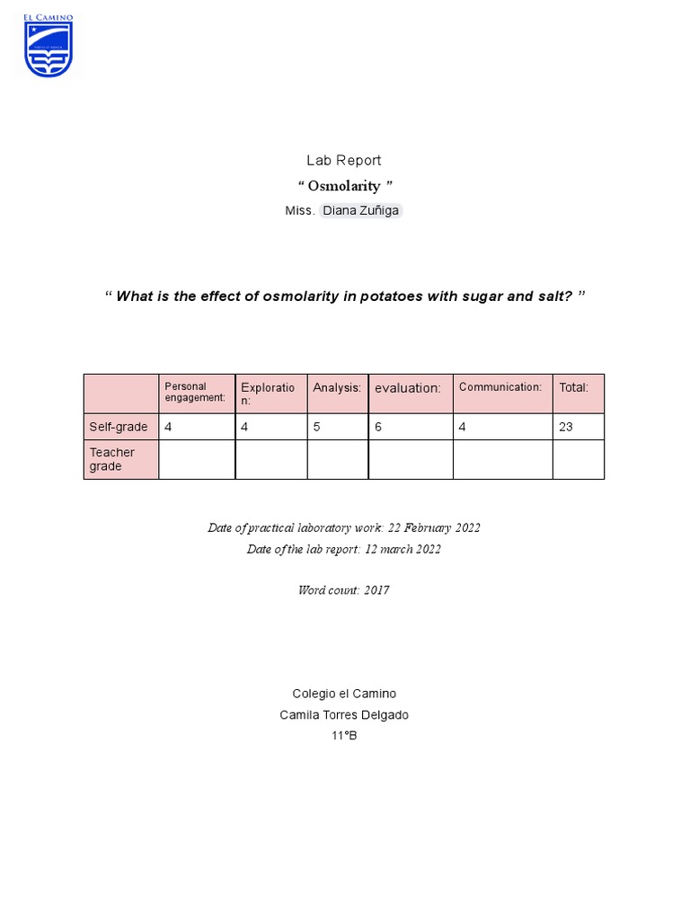 Lab Report Osmolarity PDF Dehydration Chemistry