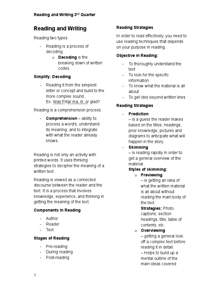 Reading and Writing 3rd Quarter PDF Reading Comprehension Speed
