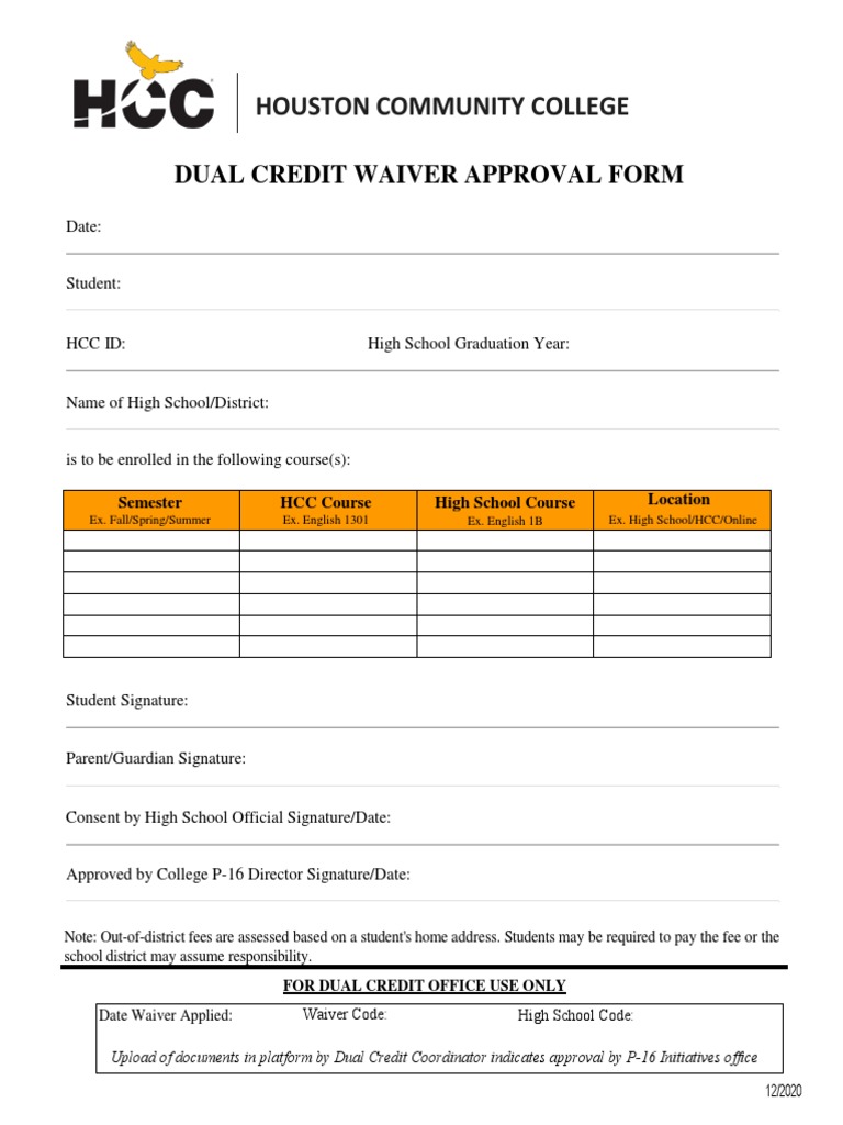 HCC Dual Credit Waiver Approval Form | PDF