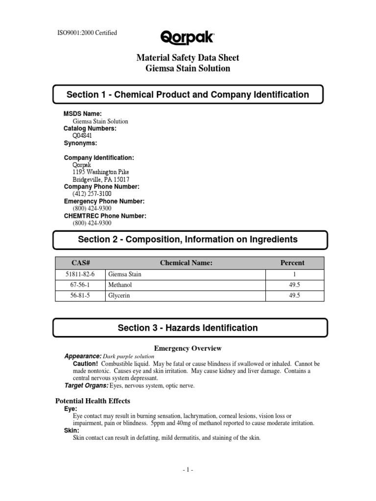 MSDS Giemsa Stain Solution PDF Magnesium Water