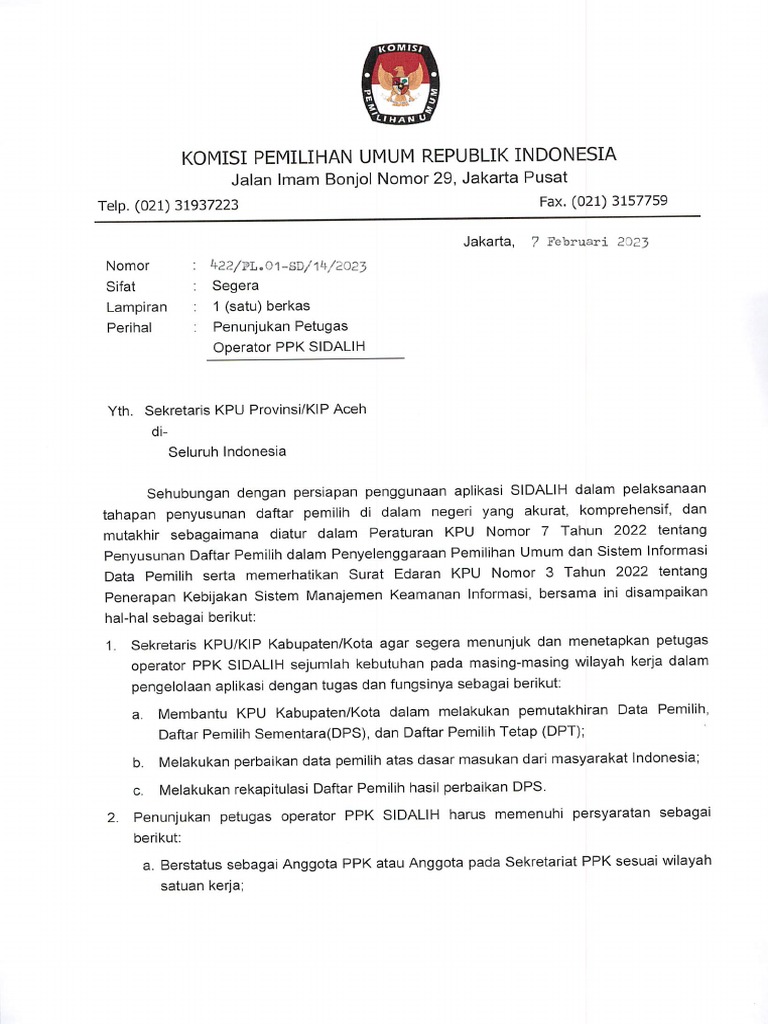 422 - SD Sekjen - Penunjukan Petugas Operator PPK Sidalih | PDF