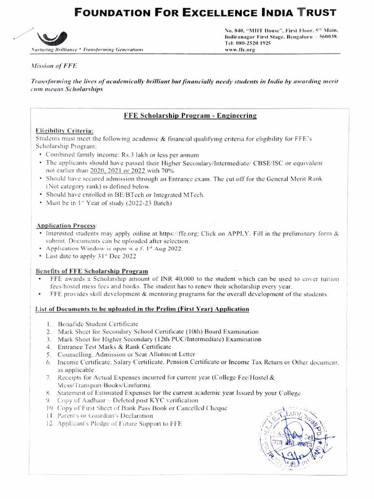 FFE Engineering Scholarship 2022-23 | PDF | Vocational Education ...