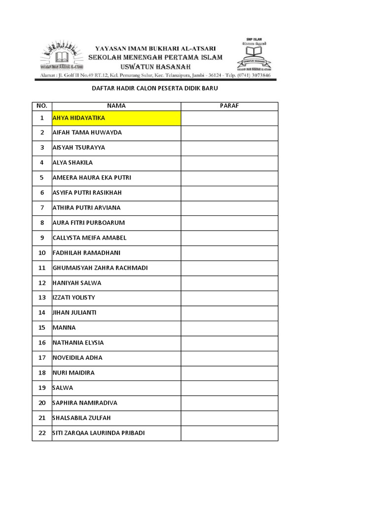 Daftar Hadir Siswa dan Orangtua | PDF