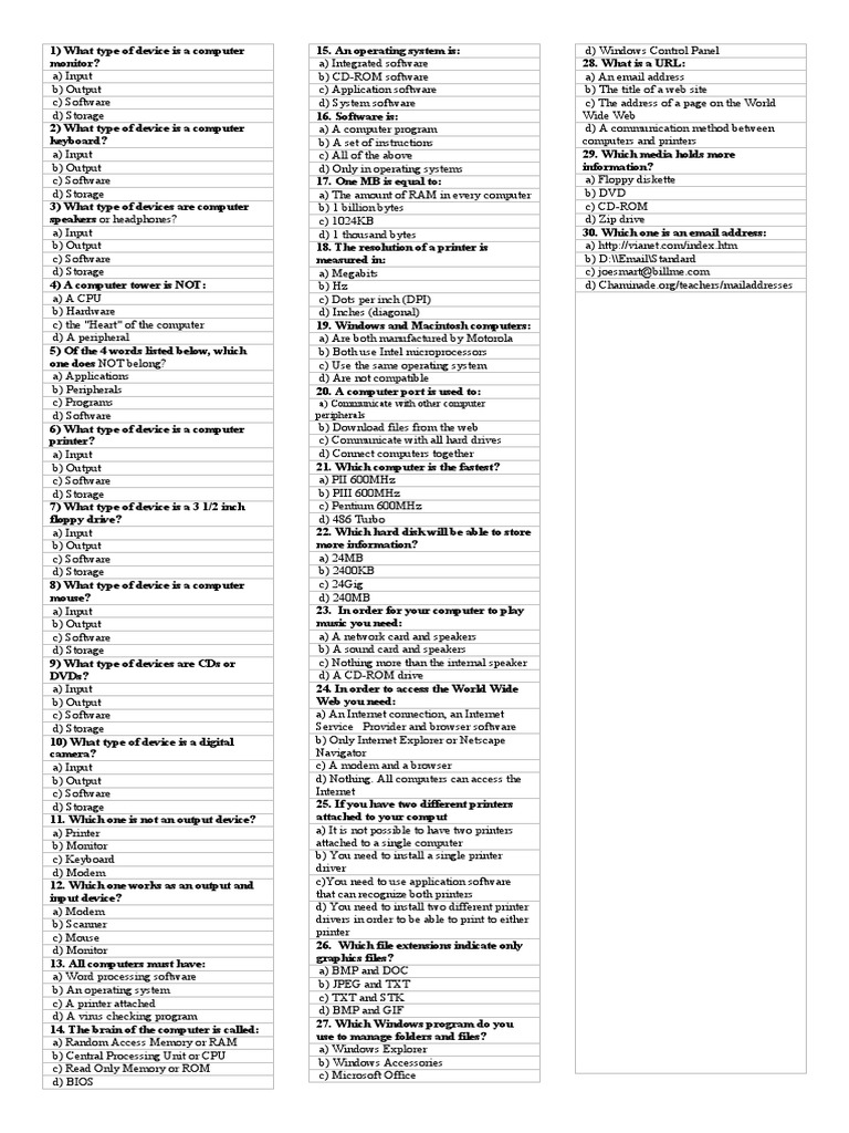 Basic Computer Skills Test Download Free PDF Computer Data Storage