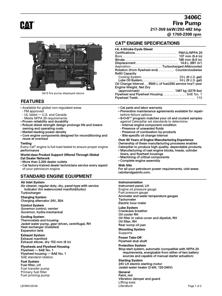 3406C Fire Pump: CAT Engine Specifications | PDF