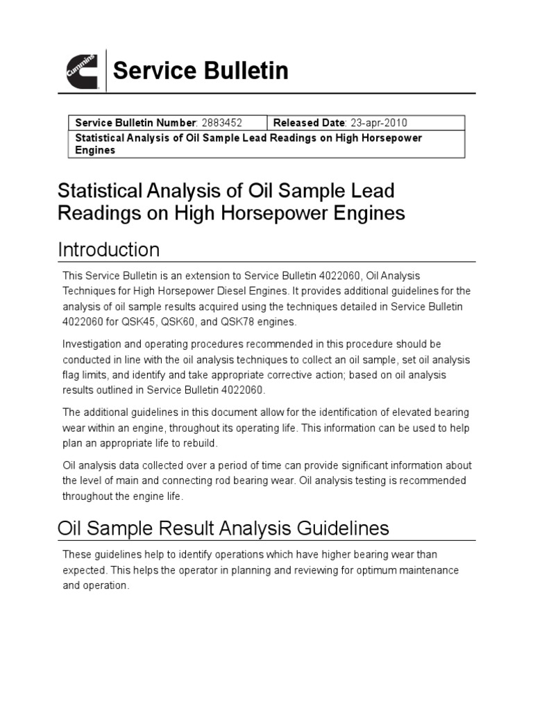 Cummins Statistical Analysis of Used Oil Lead in HHP Engines | PDF ...