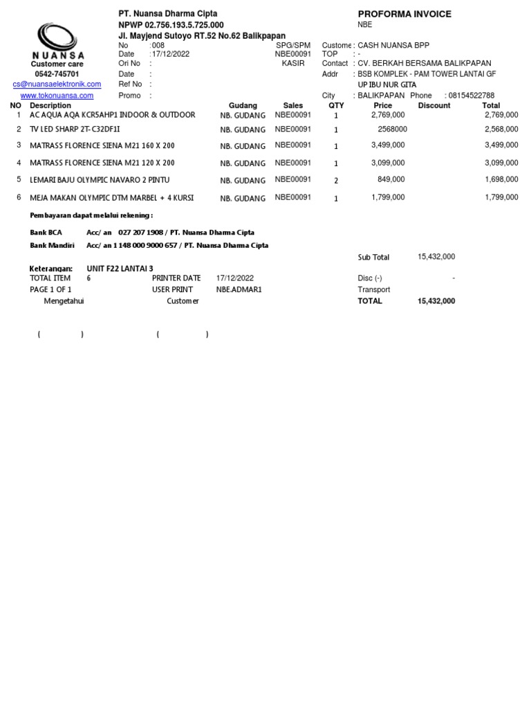 proforma-invoice-for-the-sale-of-home-furnishings-and-electronics-to-cv