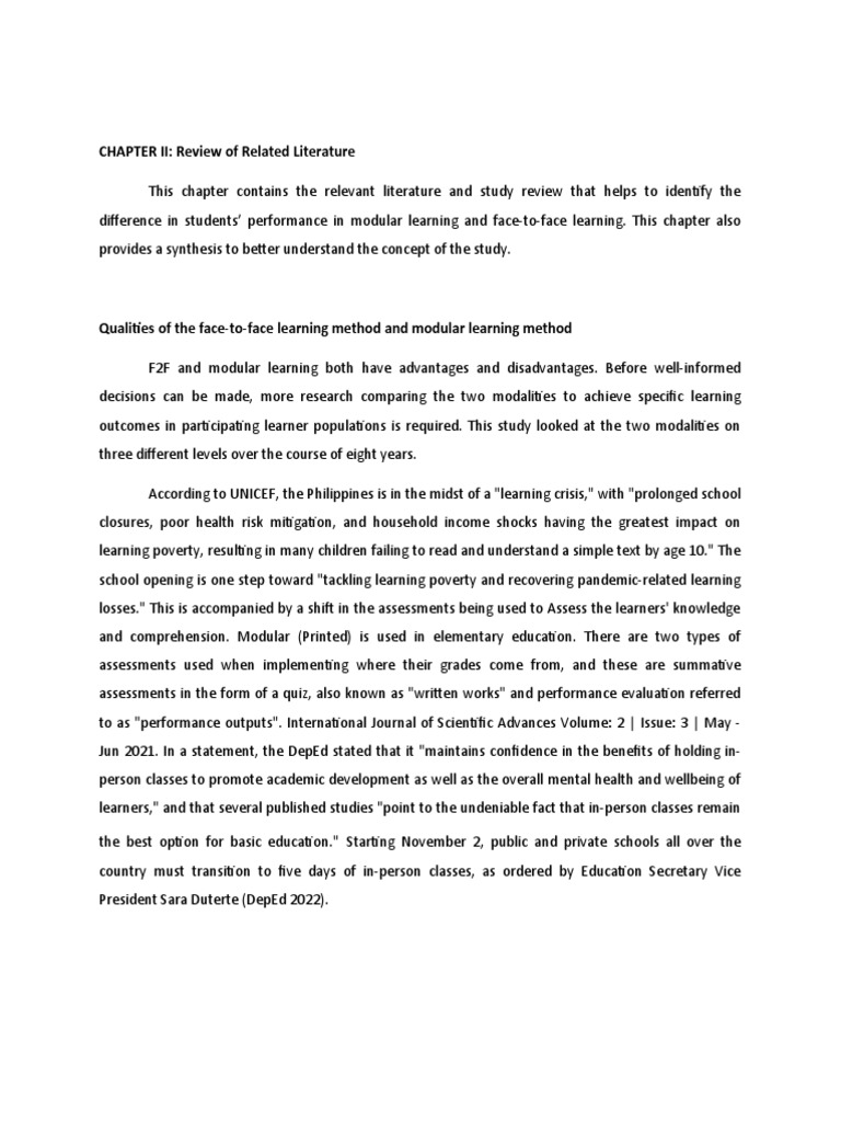 Rrl the effectiveness of modular learning and face to face learning to