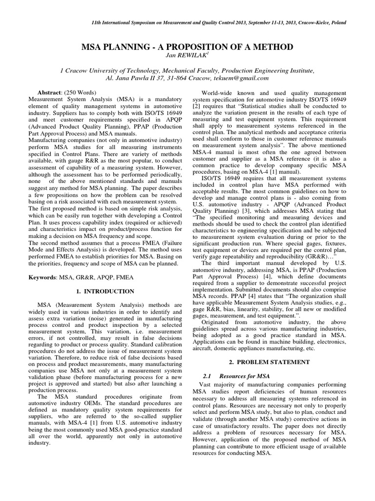 MSA Planning Methods for Quality Control | PDF | Risk | Quality Management