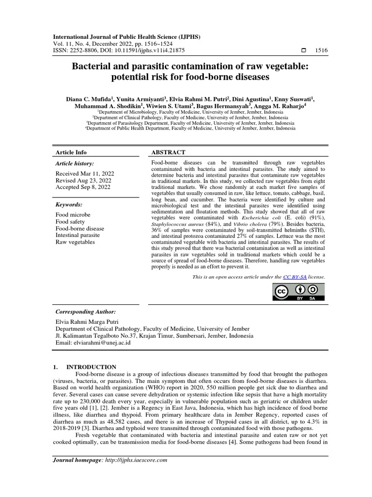 Bacterial and Parasitic Contamination of Raw Vegetable Potential Risk For FoodBorne Diseases