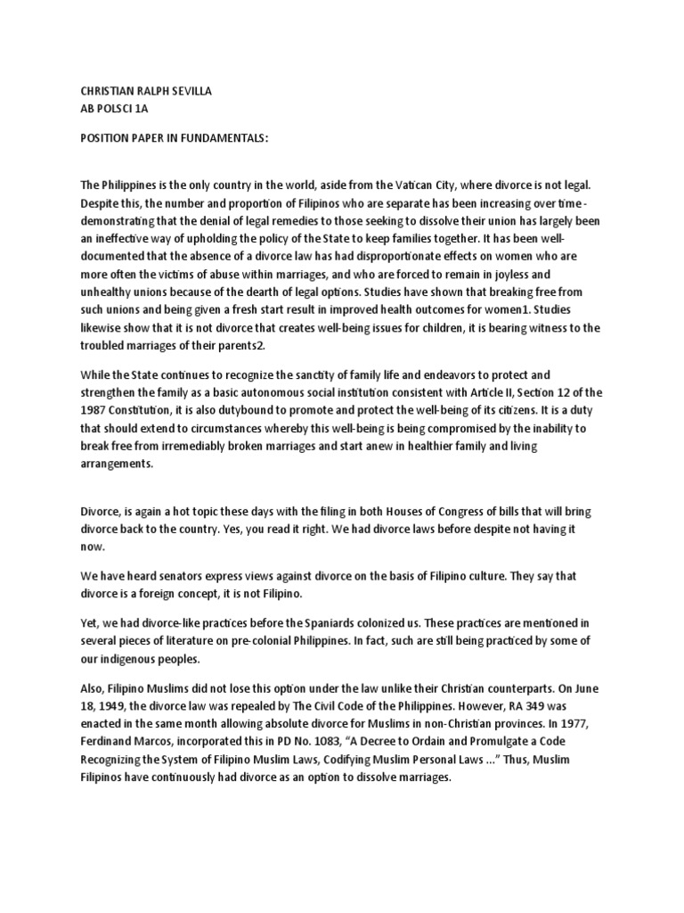 Divorce Bill Position Paper PDF Divorce Philippines