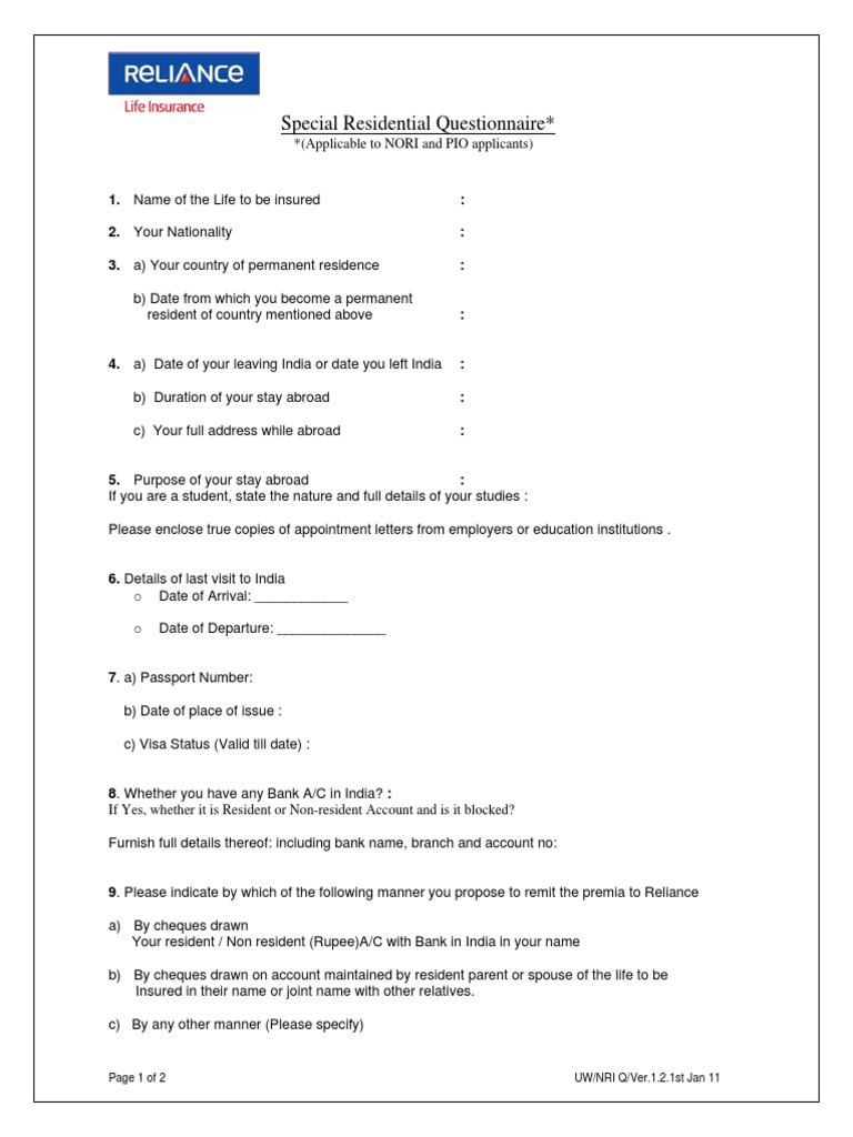 NRI Life Insurance Questionnaire | PDF | Insurance | Cheque