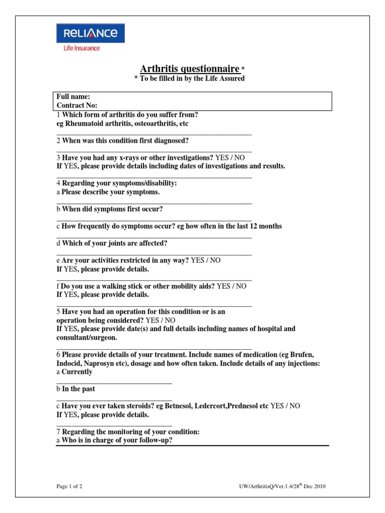 Arthritis Questionnaire (Medical) PDF Arthritis Osteoarthritis